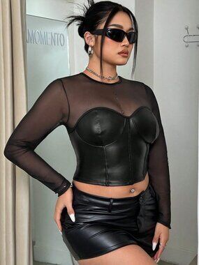 SHEIN ICON Plus Size Women's Tight Long Sleeve T-Shirt With Coated Mesh Contrast